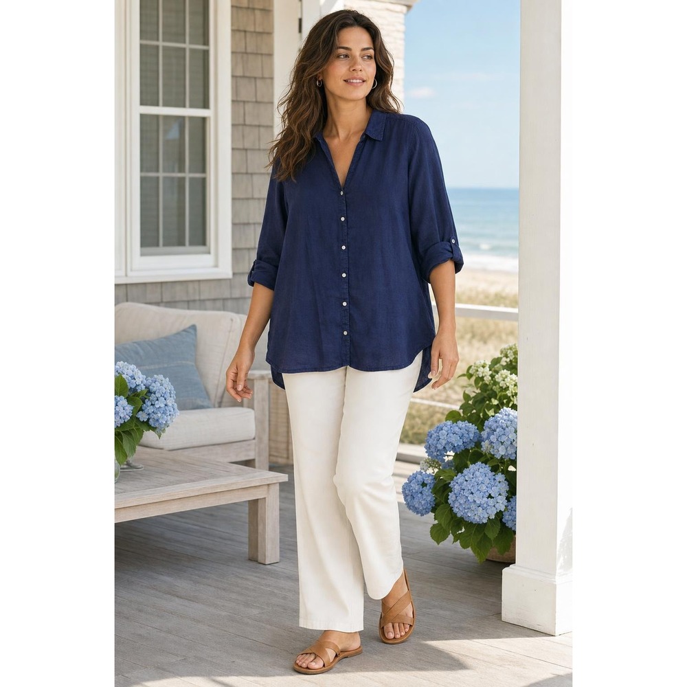 Sigrid Olsen Linen Shirt Women's 2X Navy Roll Tab Sleeve Coastal